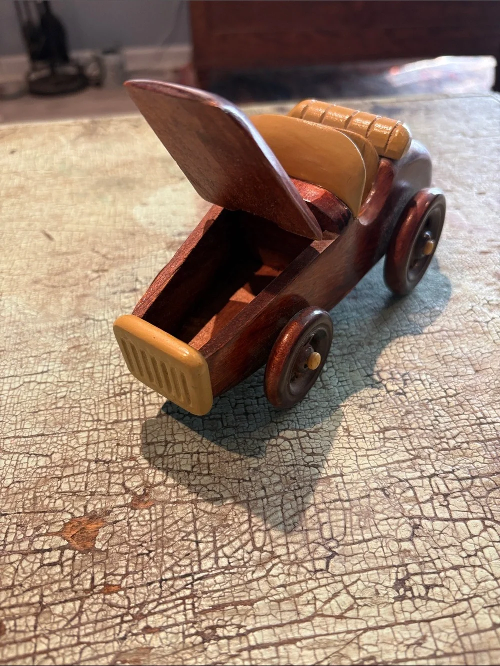 Vintage Wooden Roadster Car Trinket Box Hinged Hood Handcrafted 8” Decor